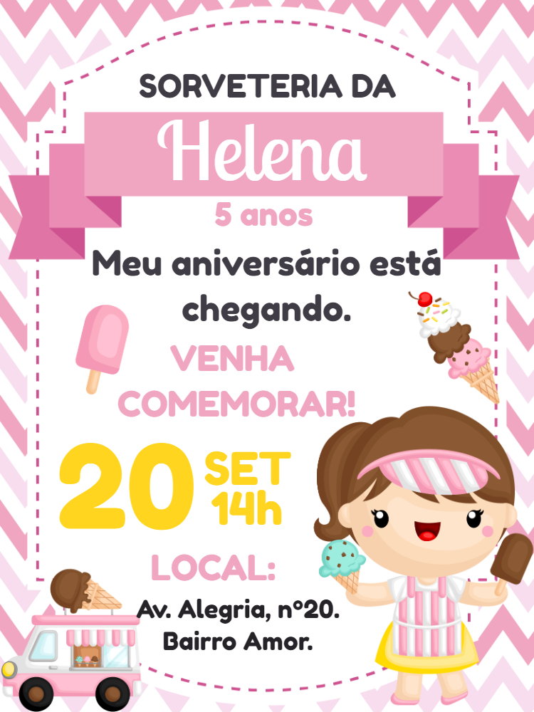Convite Aniversário Sorveteria da Menina para Editar Online Convite Aniversário Sorveteria da Menina para Editar Online
