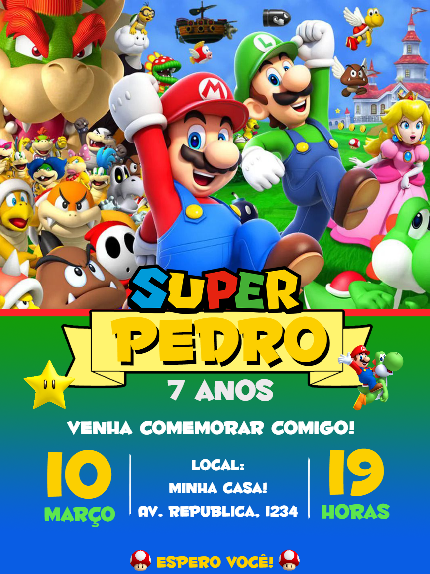 Convite Aniversário Super Mario com Personagens para Editar Convite Aniversário Super Mario com Personagens para Editar