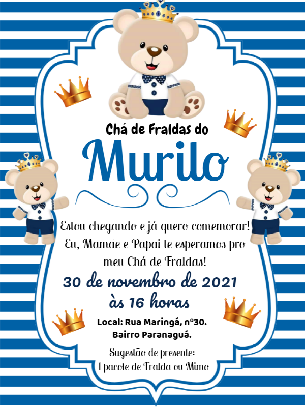 Convite Chá de Bebê Ursinho Príncipe para Editar Online Convite Chá de Bebê Ursinho Príncipe para Editar Online