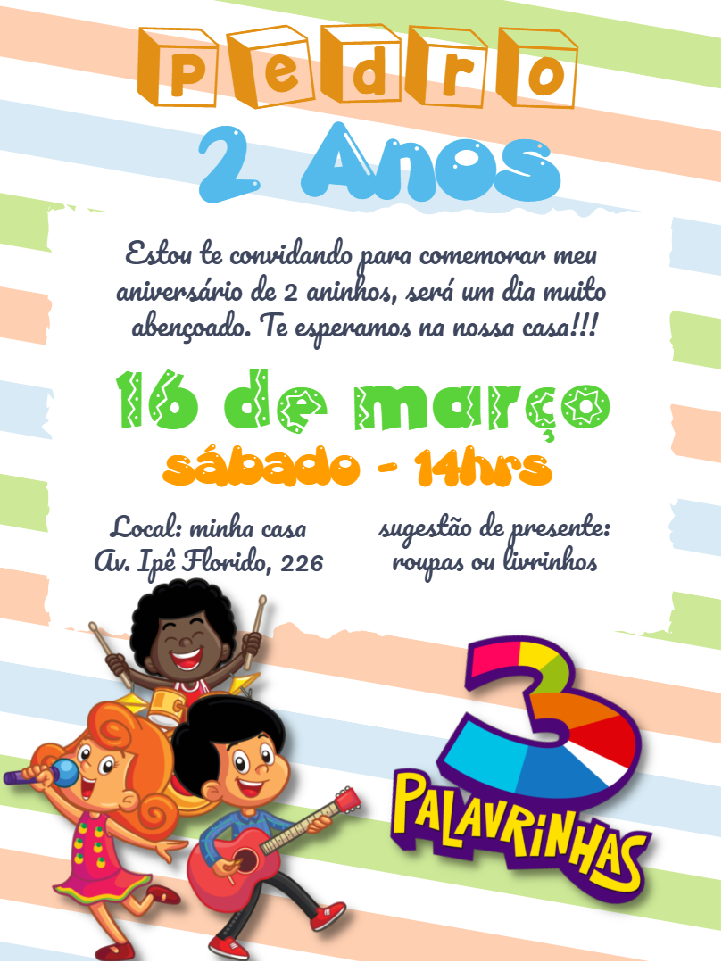 Convite de Aniversário 3 Palavrinhas Editável Online Convite de Aniversário 3 Palavrinhas Editável Online