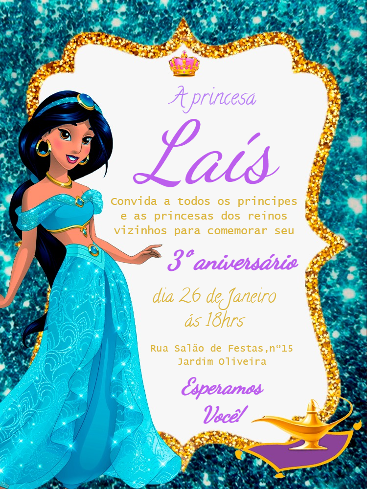 Convite de Aniversário Jasmine Princesa para Editar Online Convite de Aniversário Jasmine Princesa para Editar Online