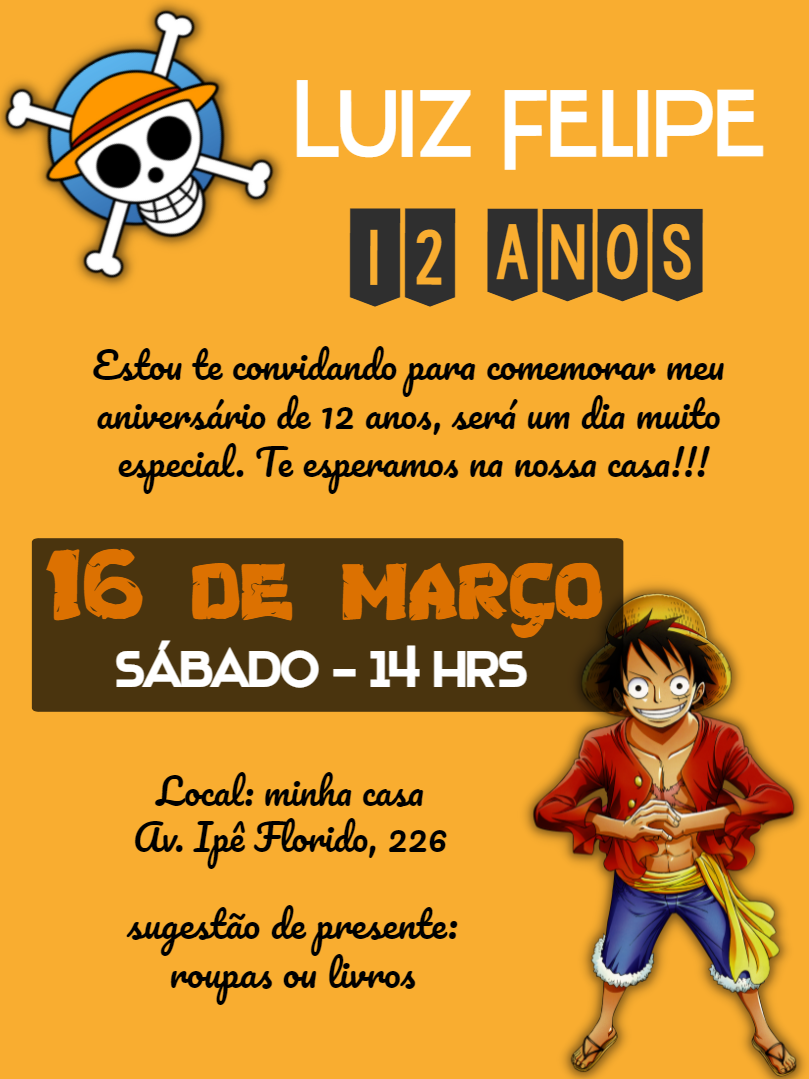 Convite de Aniversário One Piece com Luffy para Editar Online Convite de Aniversário One Piece com Luffy para Editar Online