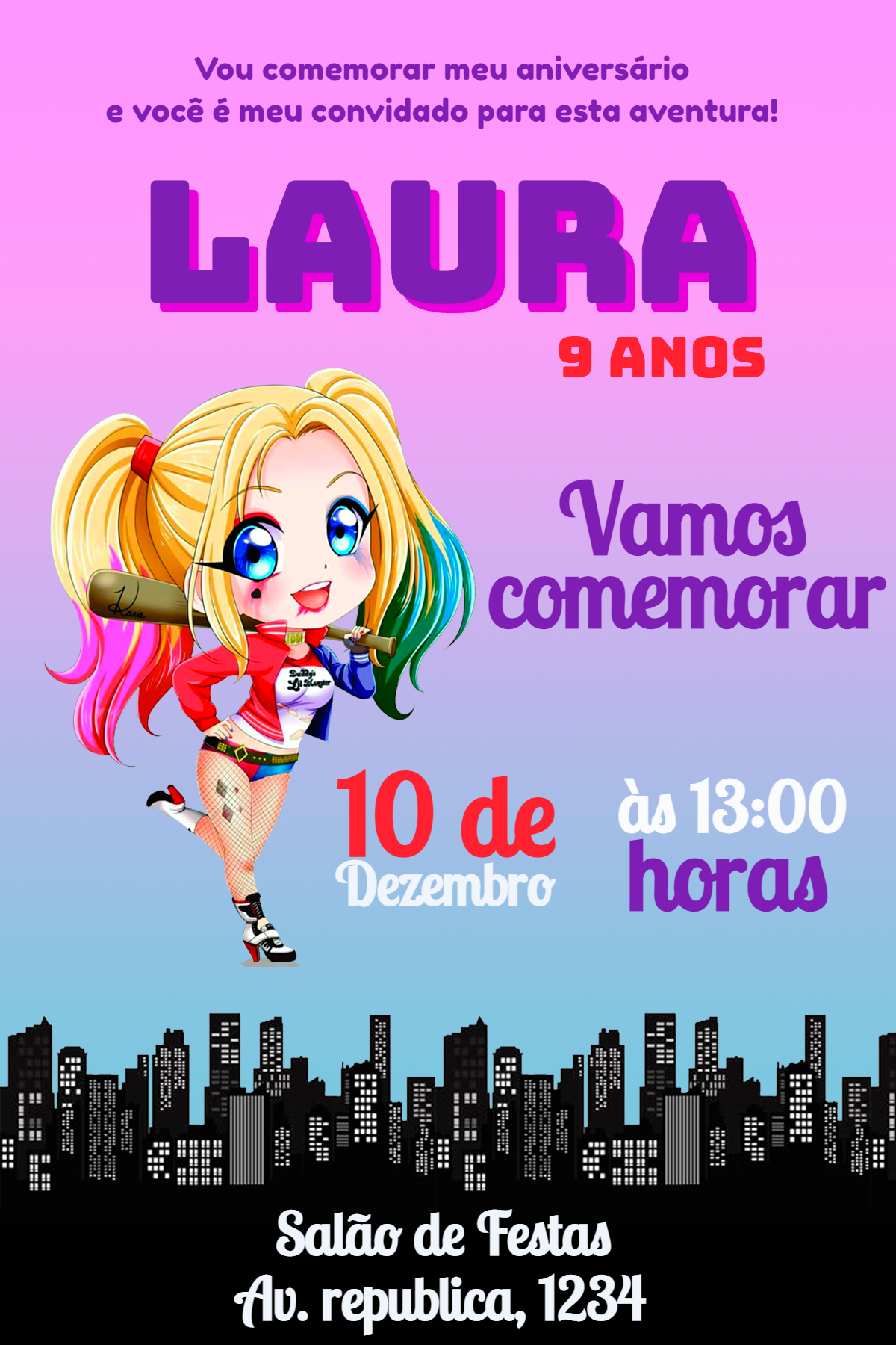 Convite Aniversário Arlequina Editável para Personalizar Convite Aniversário Arlequina Editável para Personalizar