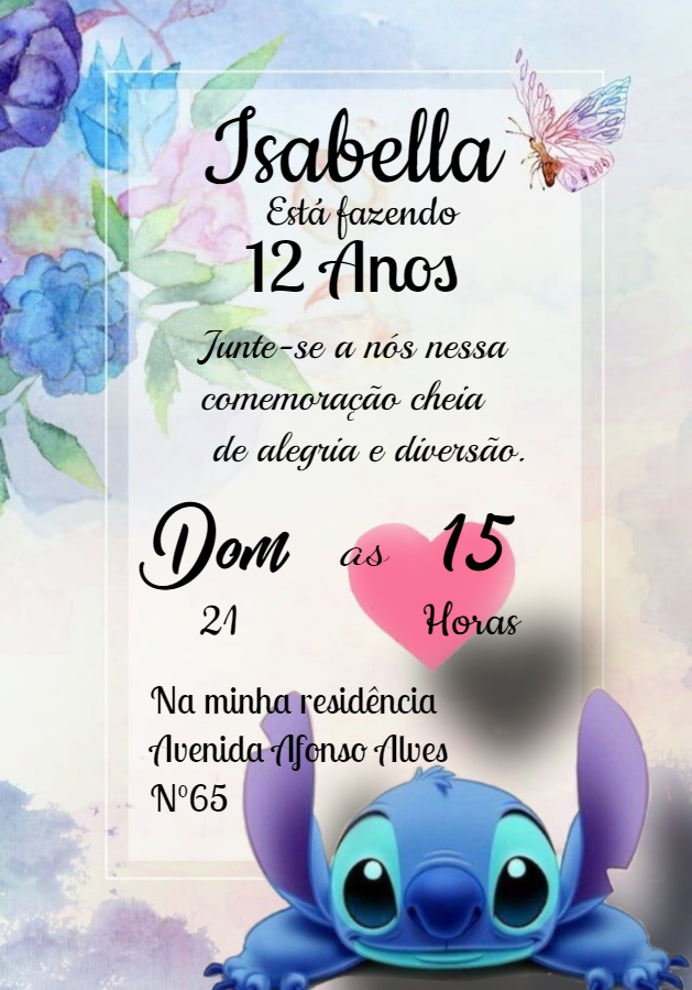 Convite Aniversário Stitch Floral para Editar Online Convite Aniversário Stitch Floral para Editar Online
