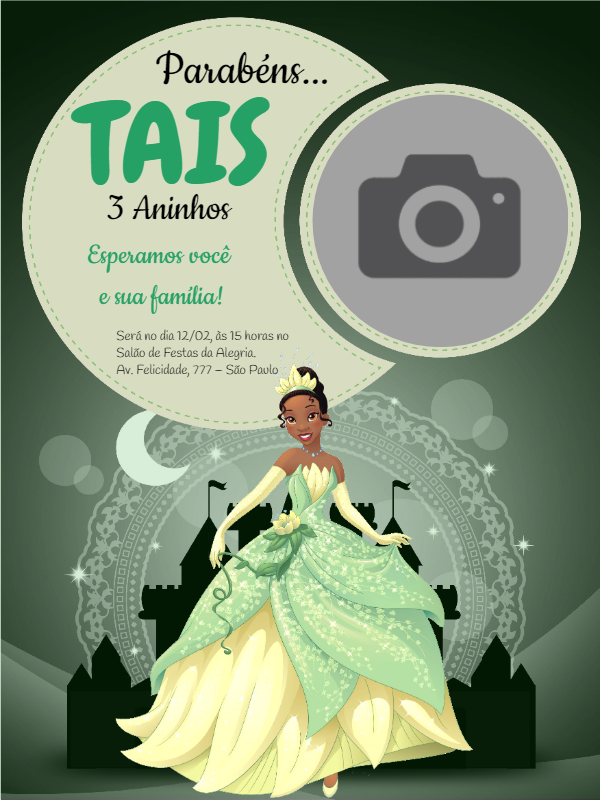 Convite Aniversário Princesa Tiana com Foto para Editar Online