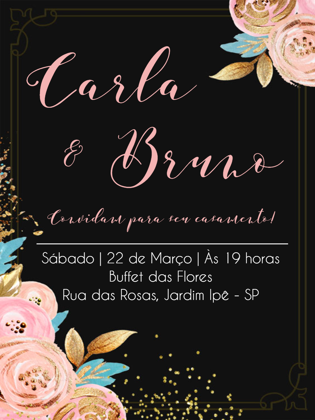 Convite de Casamento Floral Preto e Rosa para Editar Online Convite de Casamento Floral Preto e Rosa para Editar Online