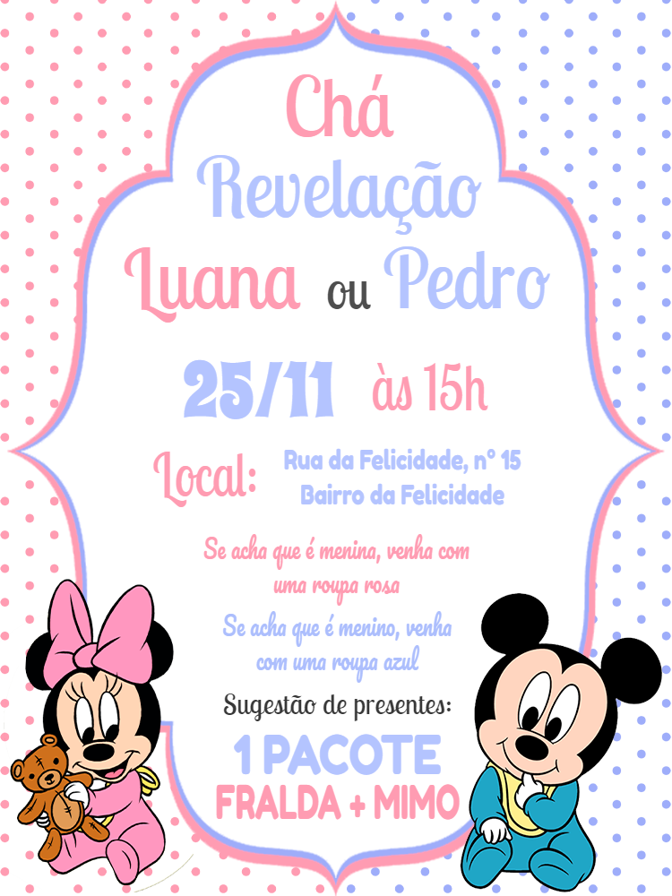 Convite Chá Revelação Mickey e Minnie Baby para Editar Online Convite Chá Revelação Mickey e Minnie Baby para Editar Online