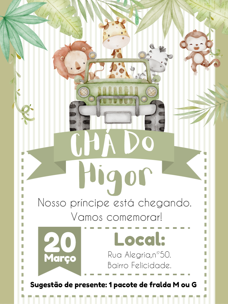 Convite Chá de Bebê Safari com Animais para Editar Online Convite Chá de Bebê Safari com Animais para Editar Online
