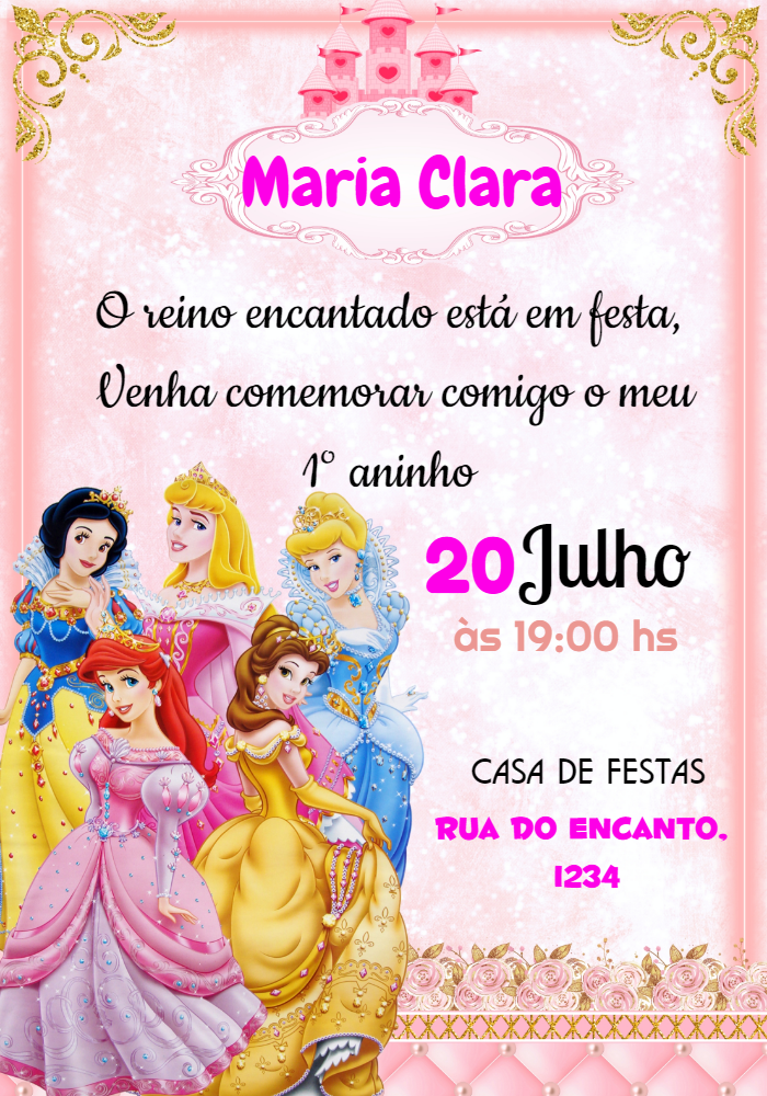 Convite de Aniversário Princesas Disney para Editar Online Convite de Aniversário Princesas Disney para Editar Online