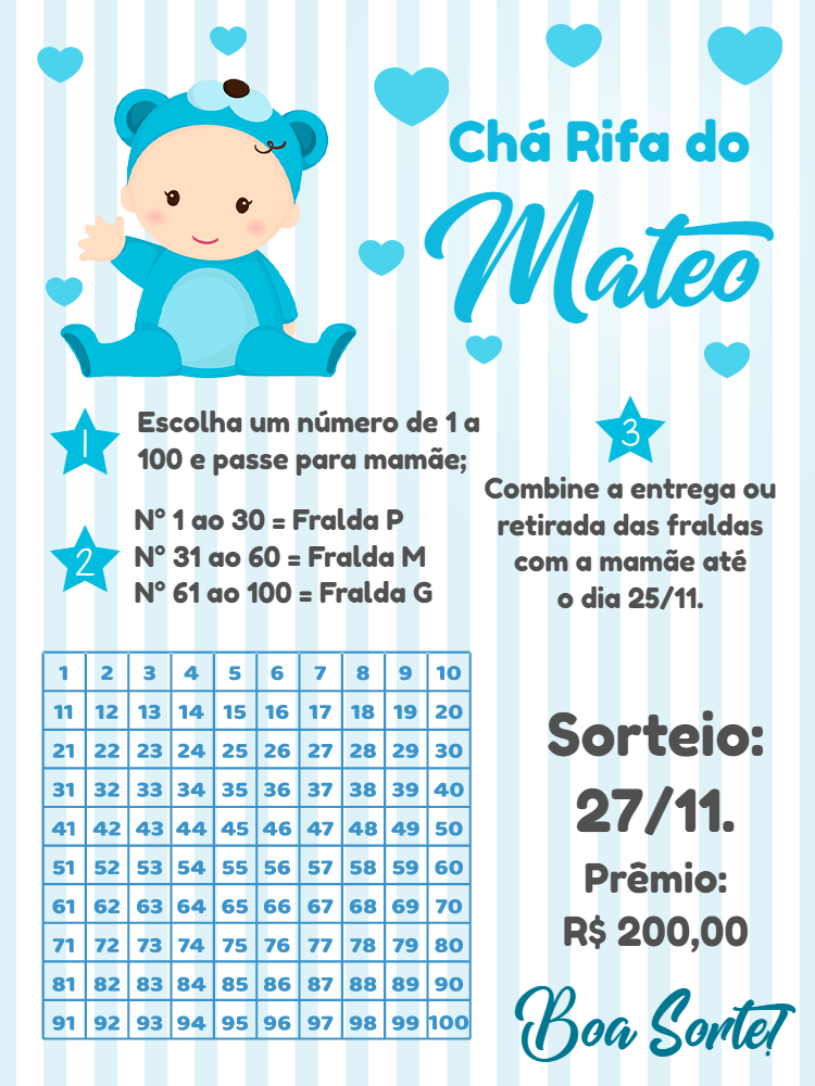 Convite Chá Rifa Bebê Ursinho Azul para Editar Online Convite Chá Rifa Bebê Ursinho Azul para Editar Online