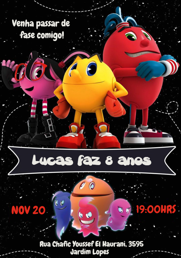 Convite Aniversário Pac-Man com Personagens para Editar Online Convite Aniversário Pac-Man com Personagens para Editar Online