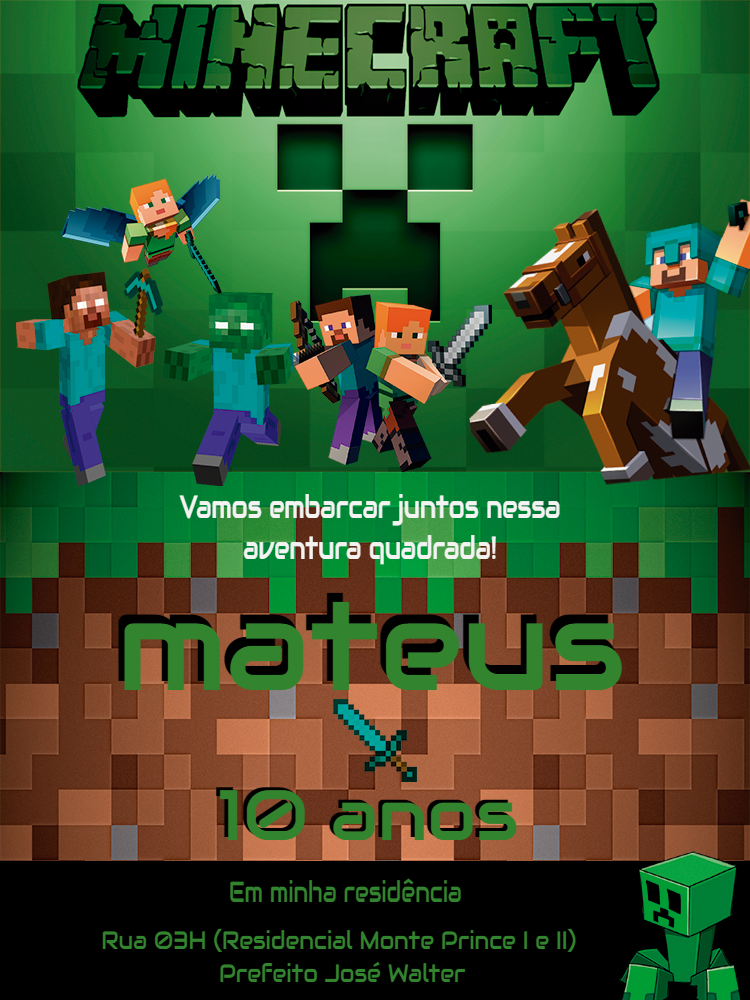 Convite de Aniversário Minecraft com Personagens para Editar Convite de Aniversário Minecraft com Personagens para Editar