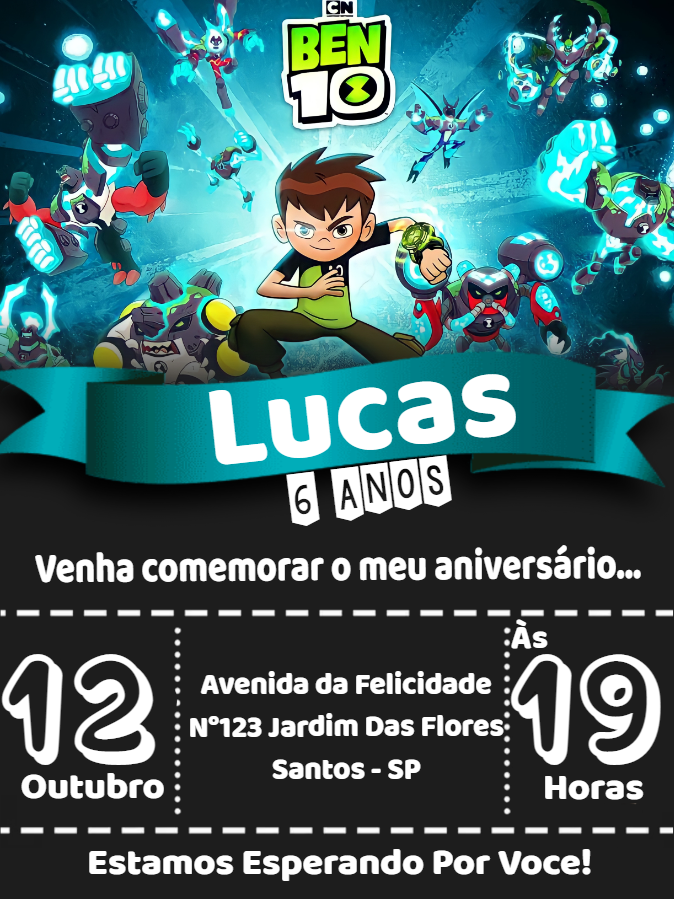 Convite de Aniversário Ben 10 Editável Online com Personagens