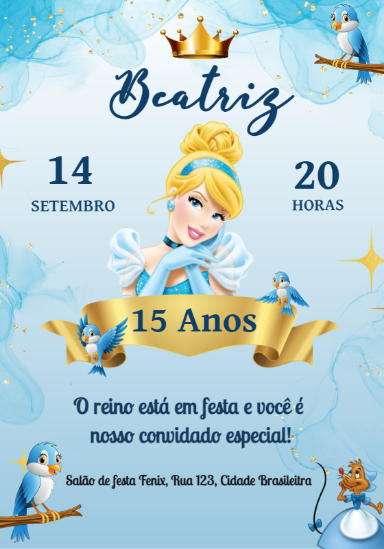 Convite Aniversário 15 anos Cinderela para Editar Online Convite Aniversário 15 anos Cinderela para Editar Online