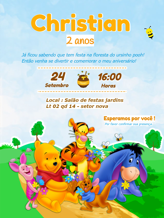Convite de Aniversário Ursinho Pooh e Amigos para Editar Online