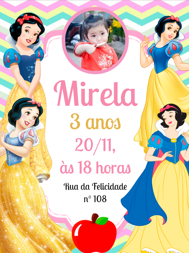 Convite Aniversário Branca de Neve com Foto para Editar Online Convite Aniversário Branca de Neve com Foto para Editar Online