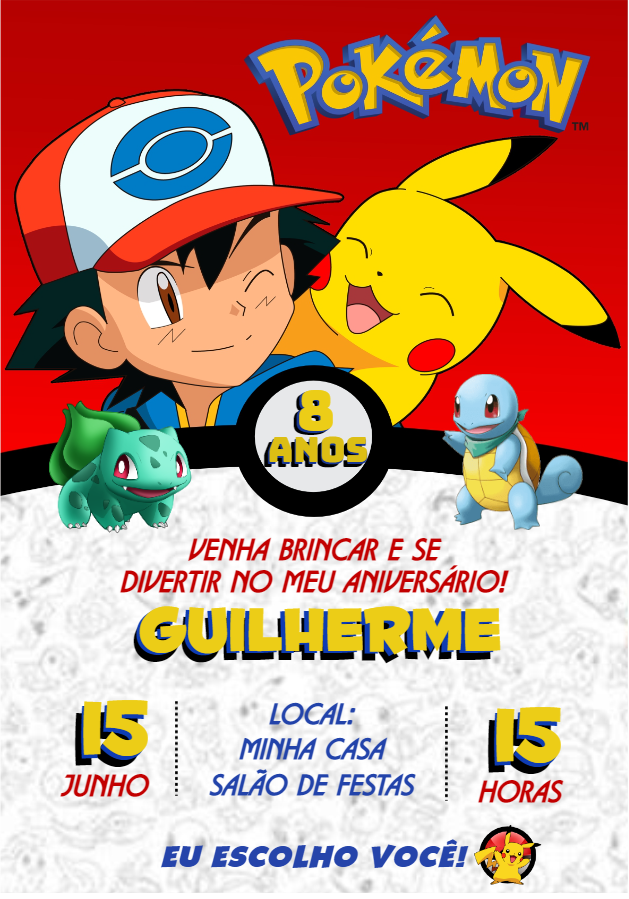 Convite de Aniversário Pokémon com Ash e Pikachu para Editar Convite de Aniversário Pokémon com Ash e Pikachu para Editar