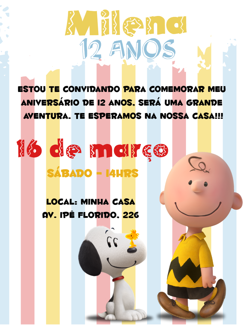 Convite de Aniversário Snoopy e Turma Peanuts para Editar Convite de Aniversário Snoopy e Turma Peanuts para Editar