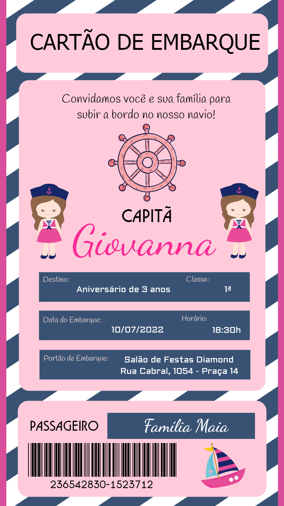 Convite Aniversário Marinheira Cartão de Embarque para Editar Convite Aniversário Marinheira Cartão de Embarque para Editar