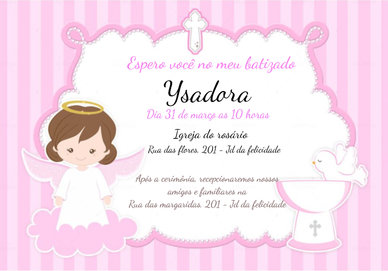 Convite de Batizado Anjinha Rosa para Editar Online
