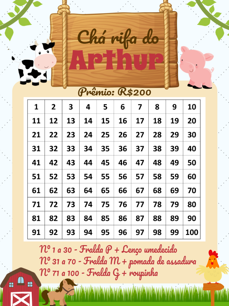Rifa Chá de Bebê Fazendinha Editável para Imprimir Rifa Chá de Bebê Fazendinha Editável para Imprimir