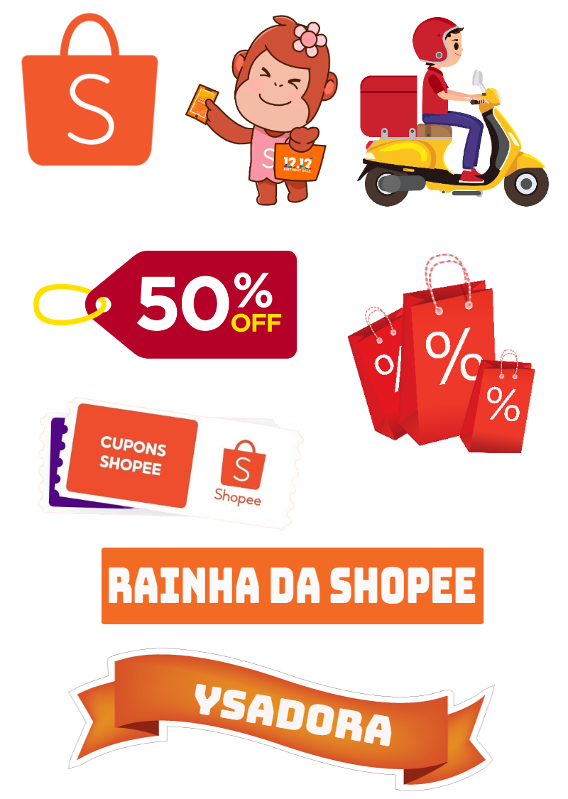 Topo de Bolo Shopee: Kit de Elementos para Editar e Imprimir Topo de Bolo Shopee: Kit de Elementos para Editar e Imprimir