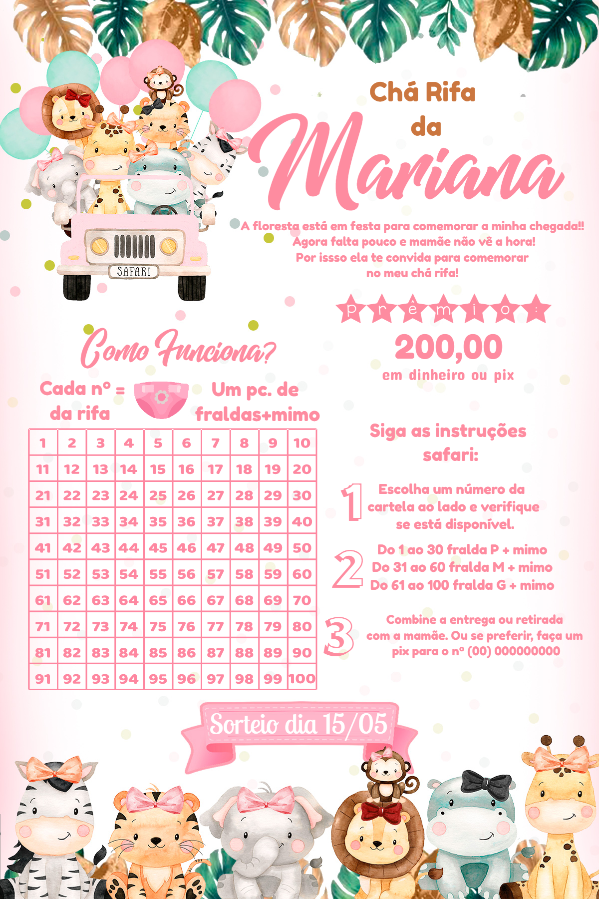 Convite Chá Rifa Safari Menina para Editar Online Convite Chá Rifa Safari Menina para Editar Online