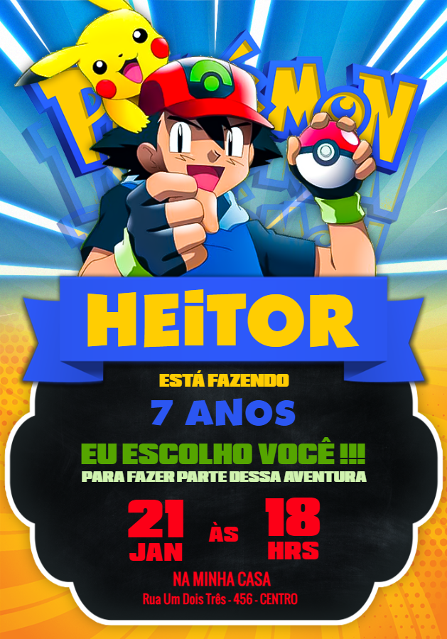 Convite de Aniversário Pokémon com Ash para Editar Online
