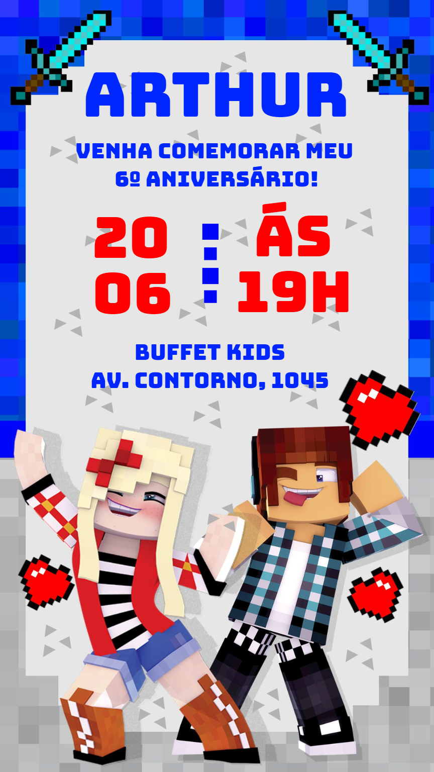 Convite de Aniversário Authentic Games com Personagens para Editar Convite de Aniversário Authentic Games com Personagens para Editar