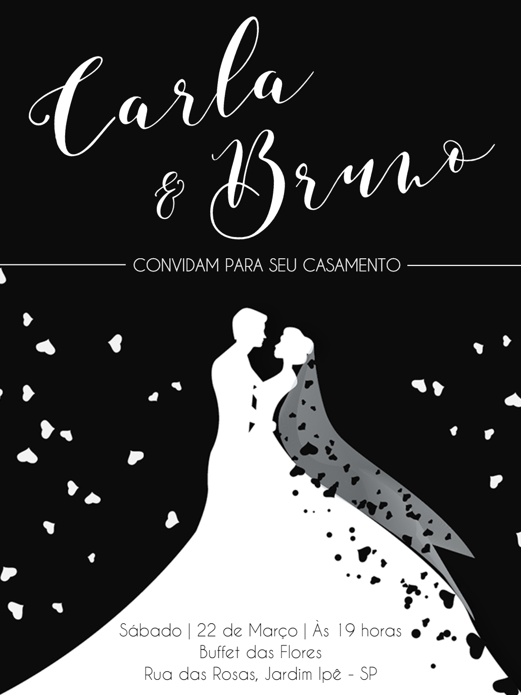 Convite de Casamento Preto e Branco Elegante para Editar Online