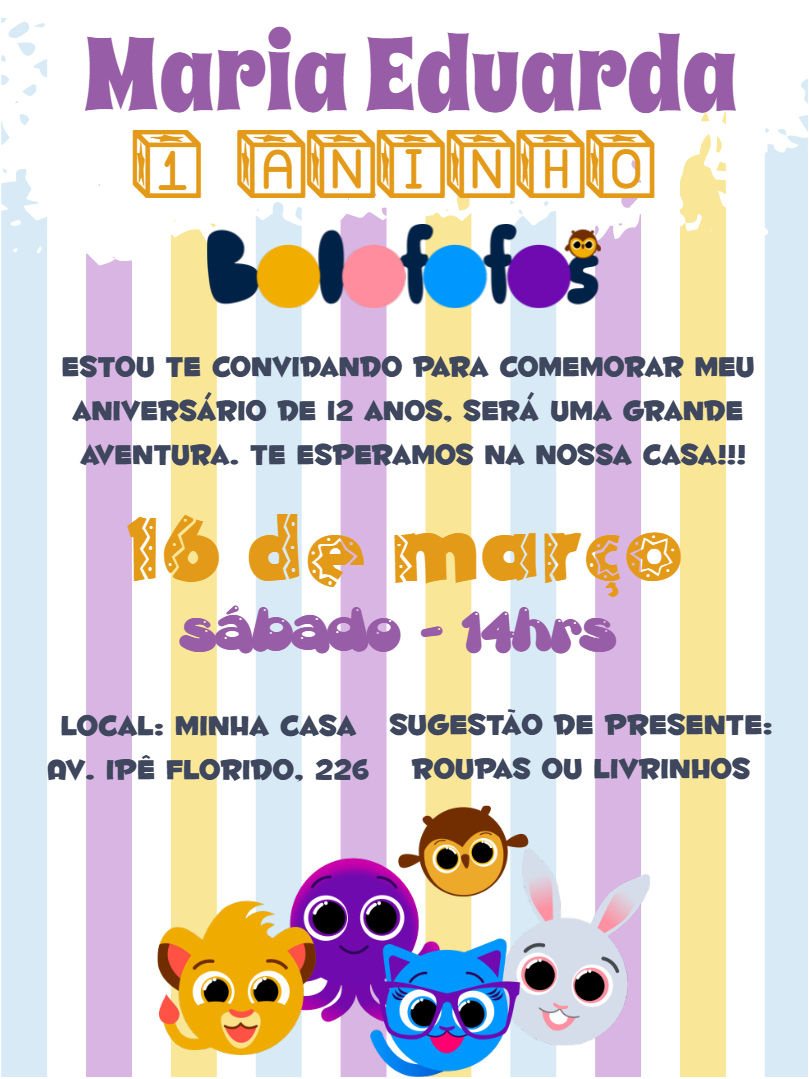 Convite de Aniversário Bolofofos para Editar Online