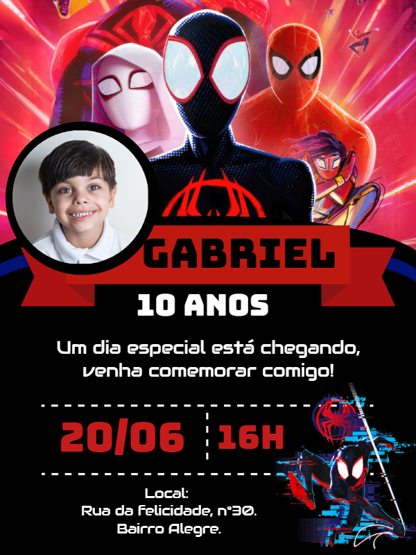 Convite Aniversário Homem Aranha Aranhaverso com Foto para Editar Convite Aniversário Homem Aranha Aranhaverso com Foto para Editar