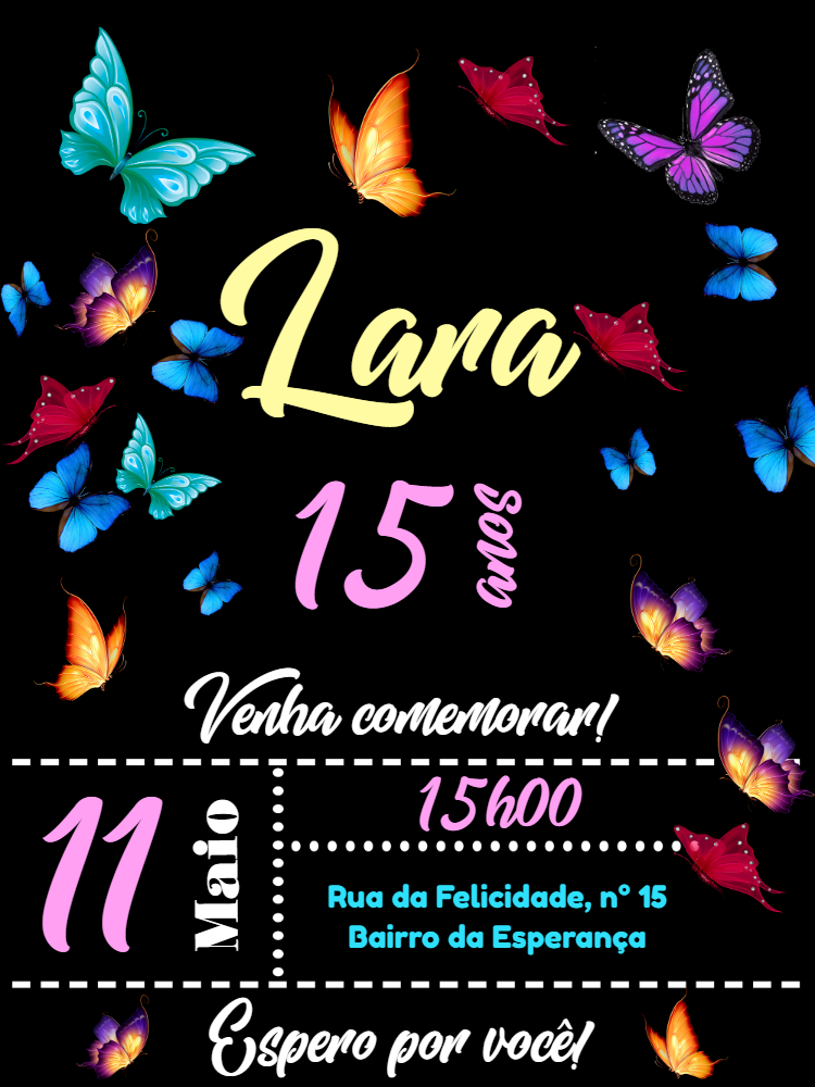 Convite de Aniversário Borboletas Neon para Editar Online Convite de Aniversário Borboletas Neon para Editar Online