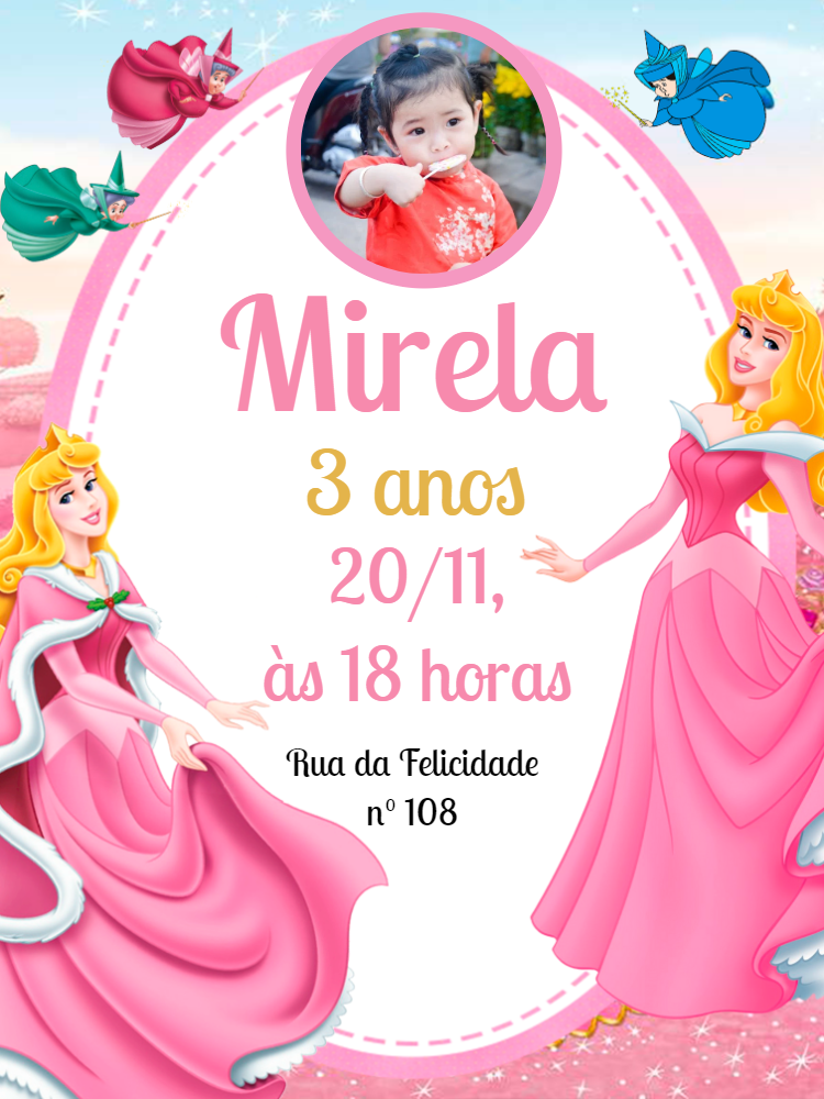 Convite Aniversário Princesa Aurora com Foto Editável Online Convite Aniversário Princesa Aurora com Foto Editável Online