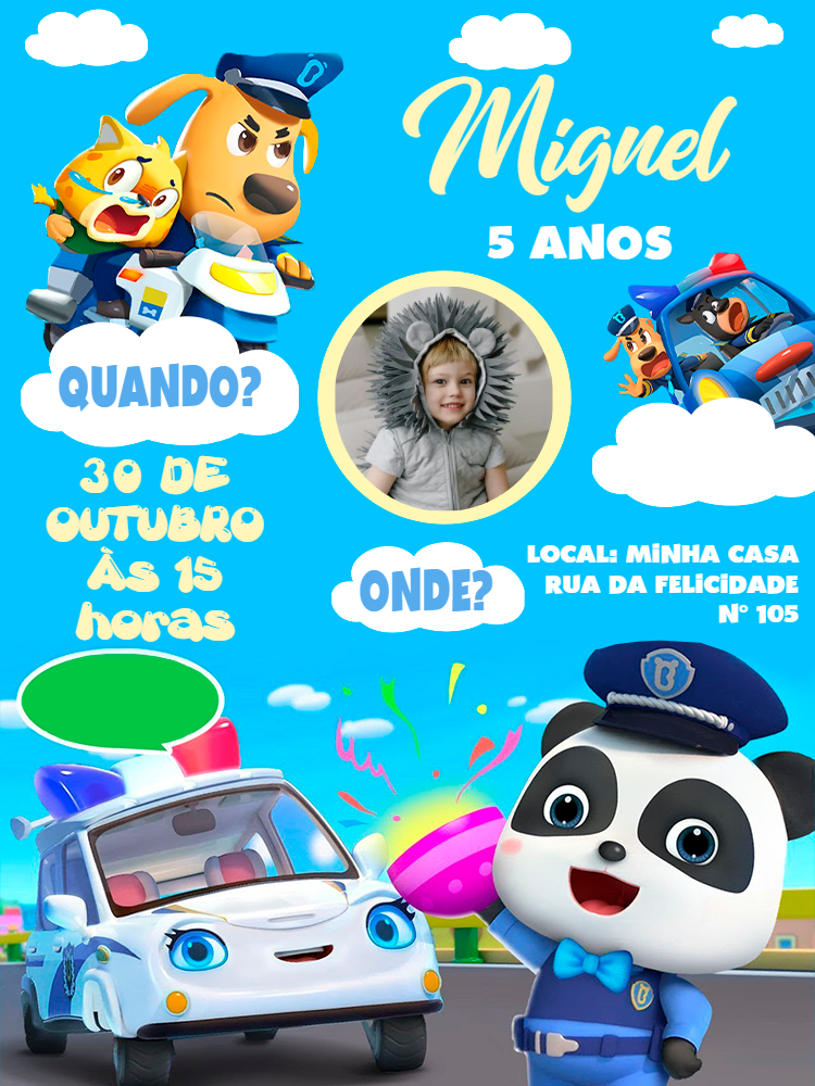 Convite Aniversário Babybus Detetive com Foto para Editar Online Convite Aniversário Babybus Detetive com Foto para Editar Online