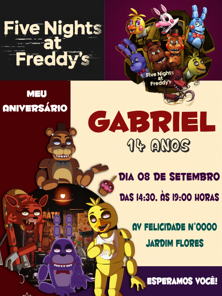 Convite de Aniversário Five Nights at Freddy's para Editar Convite de Aniversário Five Nights at Freddy's para Editar