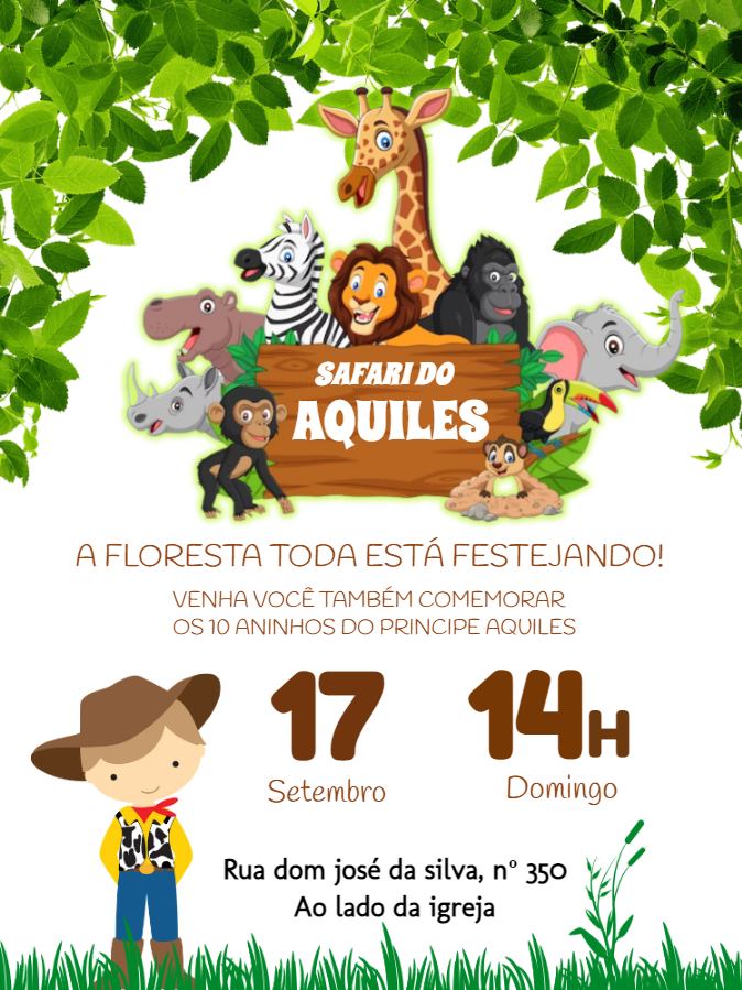 Convite Aniversário Safári com Animais da Floresta para Editar Convite Aniversário Safári com Animais da Floresta para Editar