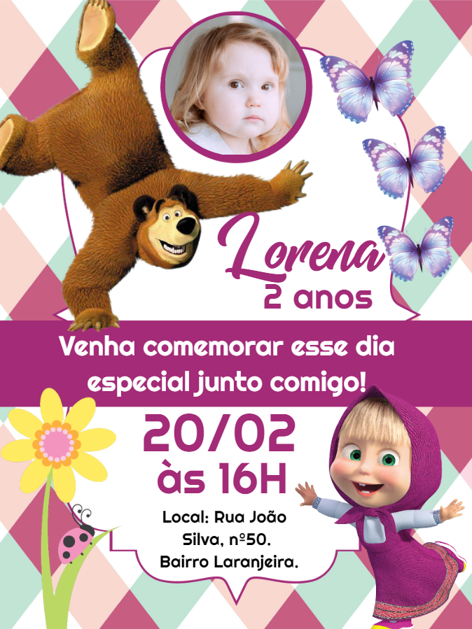 Convite Aniversário Masha e o Urso com Foto para Editar Online Convite Aniversário Masha e o Urso com Foto para Editar Online