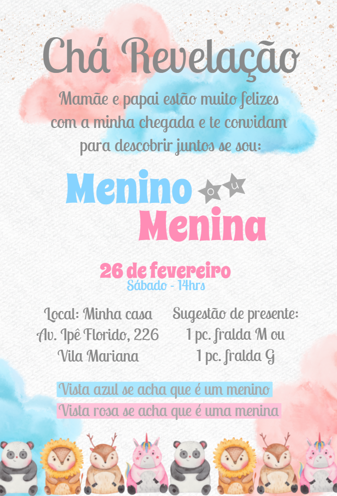 Convite Chá Revelação Animais Fofos para Editar Online Convite Chá Revelação Animais Fofos para Editar Online