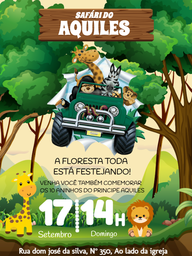 Convite Aniversário Safári com Animais para Editar Online Convite Aniversário Safári com Animais para Editar Online