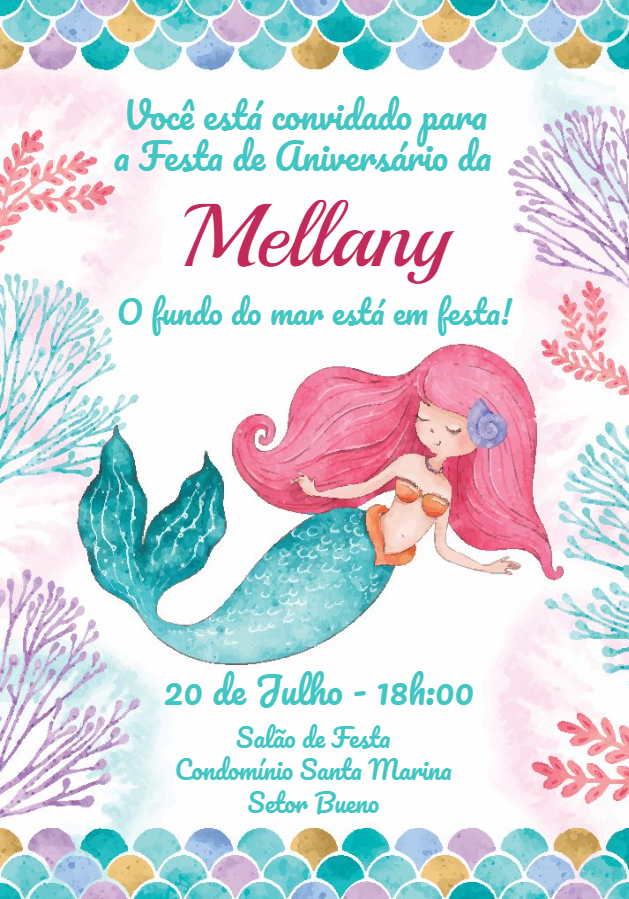Convite de Aniversário Sereia Aquarela para Editar Online Convite de Aniversário Sereia Aquarela para Editar Online