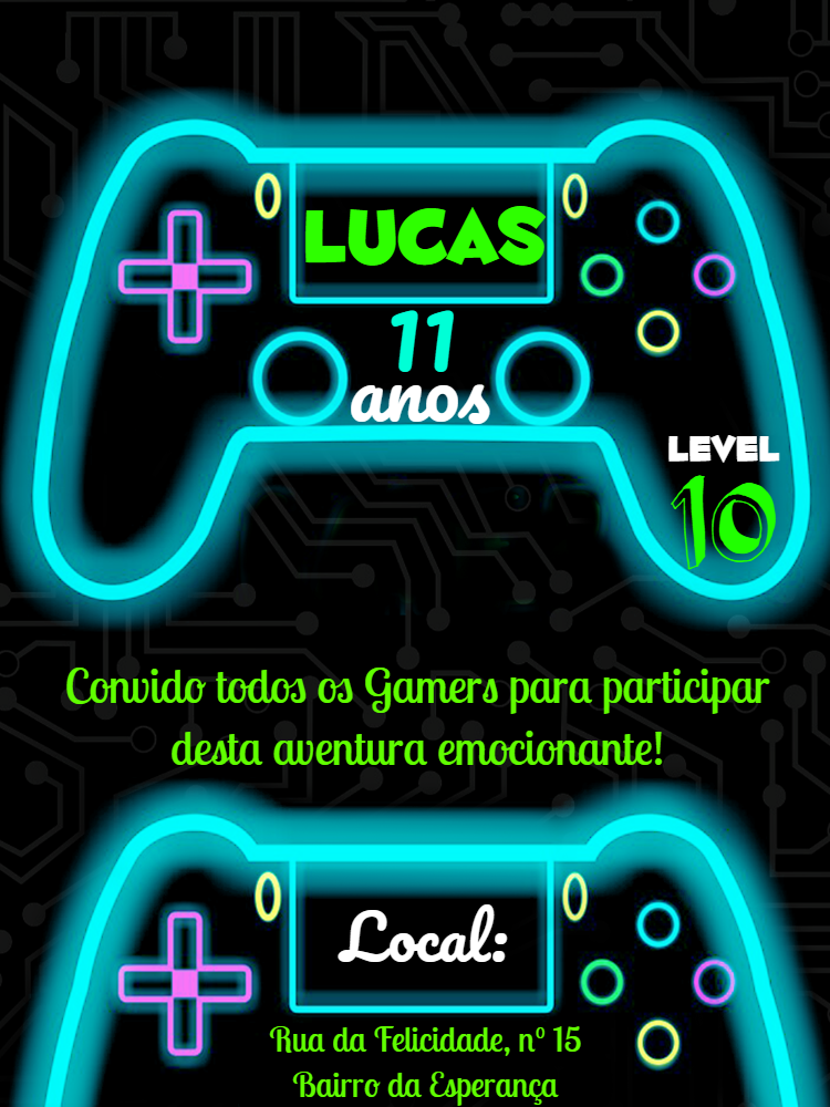 Convite Aniversário Gamer Neon com Controle para Editar Online Convite Aniversário Gamer Neon com Controle para Editar Online