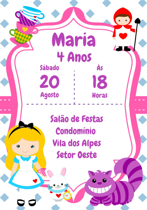 Convite Aniversário Alice no País das Maravilhas para Editar