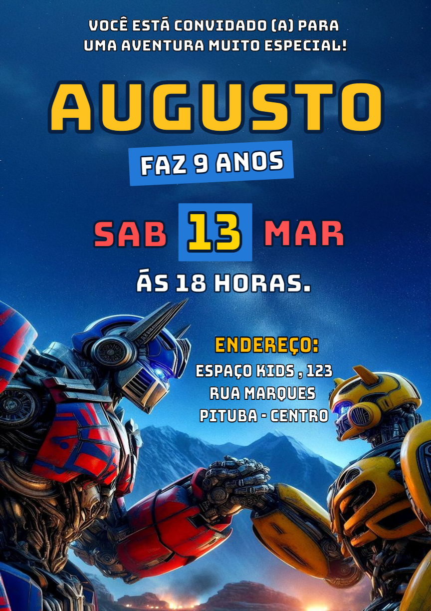 Convite de Aniversário Transformers com Robôs para Editar Convite de Aniversário Transformers com Robôs para Editar
