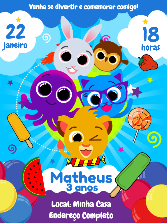 Convite de Aniversário Bolofofos com Personagens para Editar Convite de Aniversário Bolofofos com Personagens para Editar