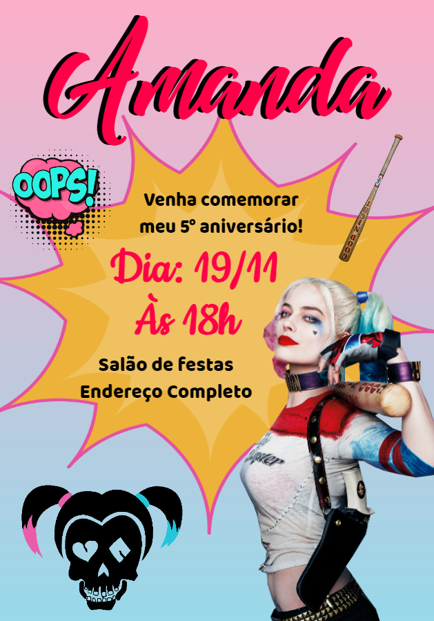 Convite Aniversário Arlequina para Editar e Imprimir Online Convite Aniversário Arlequina para Editar e Imprimir Online