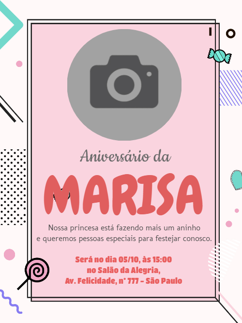 Convite de Aniversário Doces com Foto para Editar Online Convite de Aniversário Doces com Foto para Editar Online