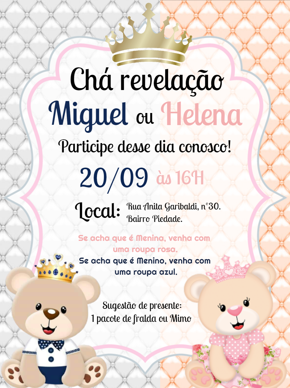 Convite Chá Revelação Ursinho Príncipe e Princesa para Editar Convite Chá Revelação Ursinho Príncipe e Princesa para Editar