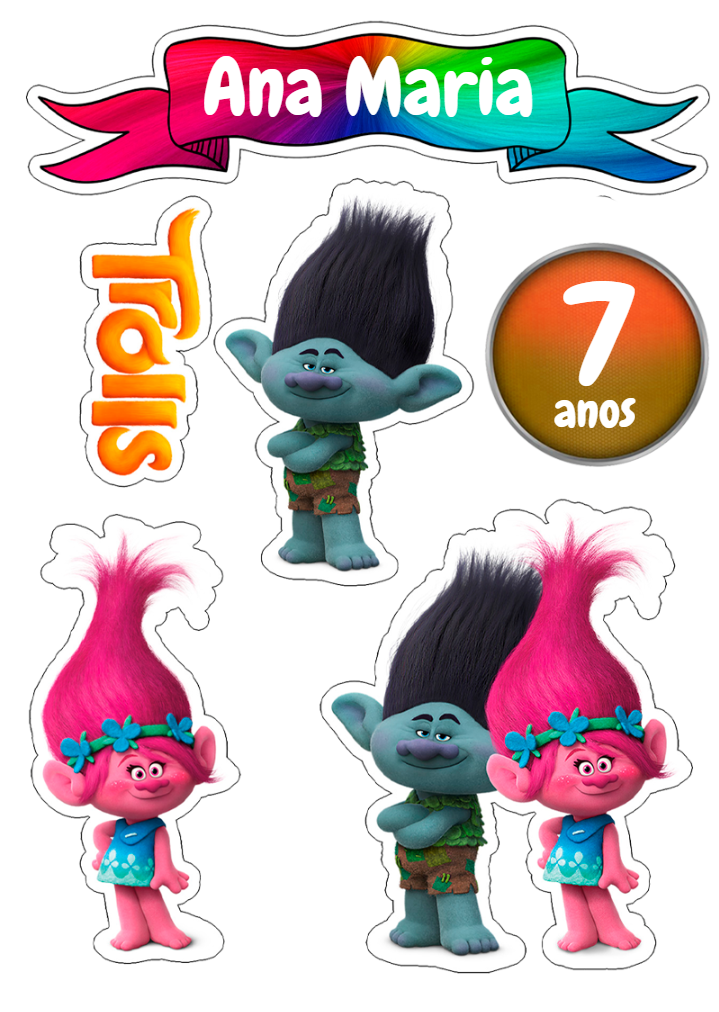 Topo de Bolo Trolls com Personagens para Editar e Imprimir Topo de Bolo Trolls com Personagens para Editar e Imprimir