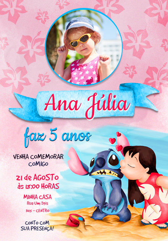 Convite Aniversário Lilo e Stitch com Foto para Editar Convite Aniversário Lilo e Stitch com Foto para Editar